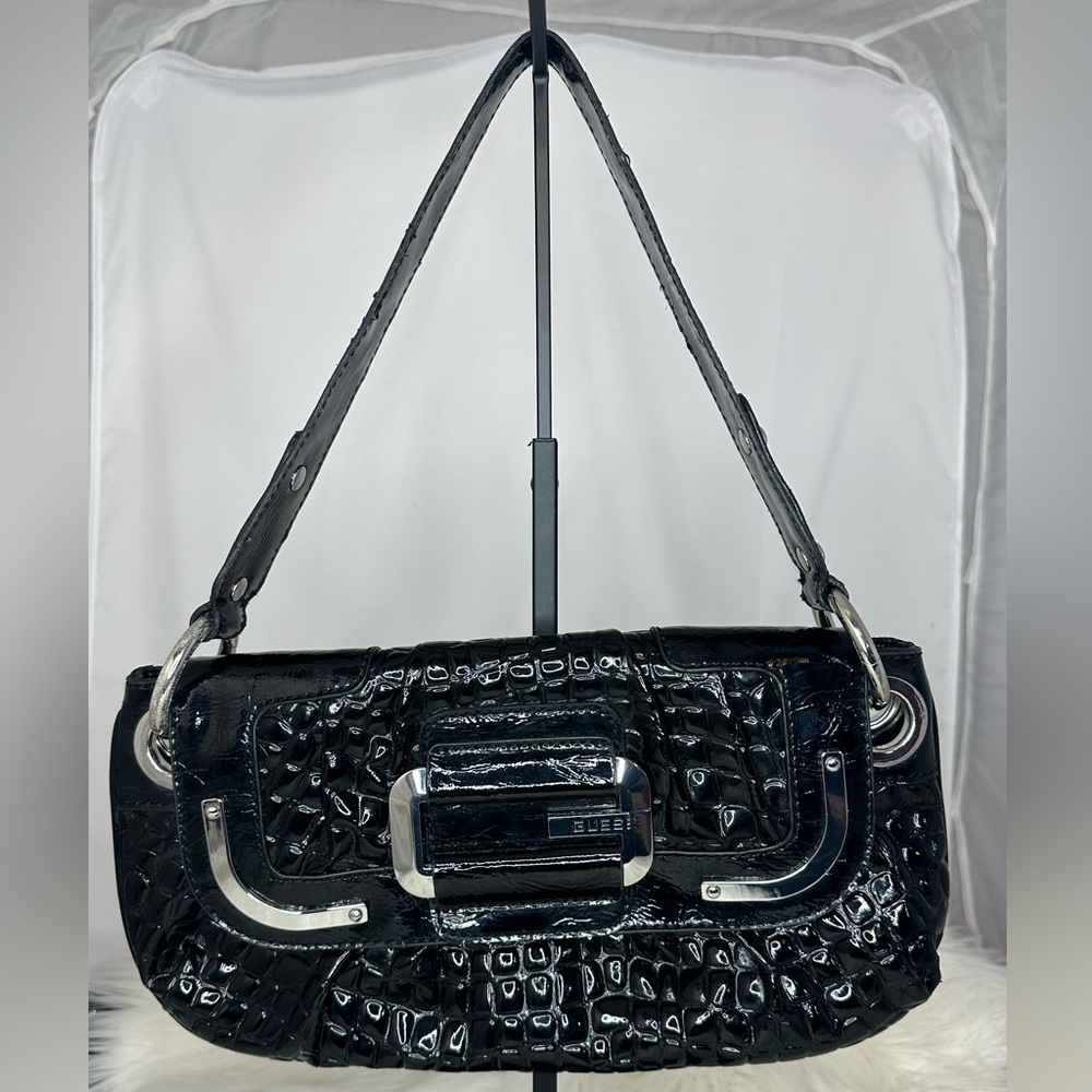 Guess Y2K Croc Embossed Patent Leather Black Shoulder Bag Mini Purse